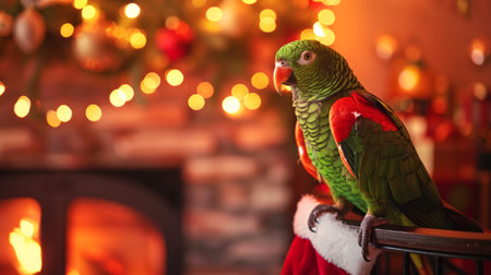 Colorful parrot perched in a cozy holiday setting near a fireplace. Concept of exotic pet, Christmas decorations, festive home interior, tropical bird. Copy space.の写真素材
