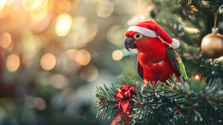 Colorful parrot wearing a Santa hat perched on a decorated Christmas tree. Concept of holiday, festive season, winter celebration, tropical bird. Copy space.の写真素材