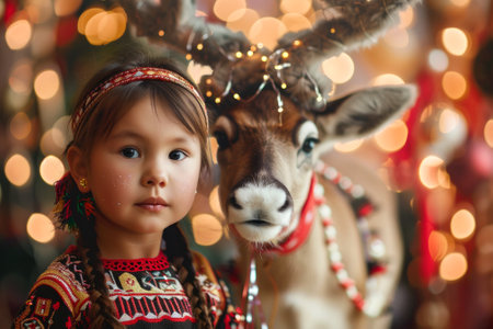Native American child girl wearing colorful winter clothing with a reindeer during Christmas. Concept of holiday spirit, winter tradition, indigenous culture, and festive celebration.の写真素材