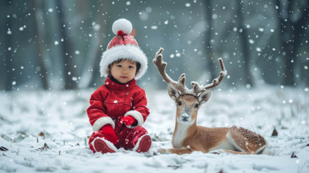 Asian child wearing red Santa outfit sitting in the snow with a small reindeer. Concept of winter wonderland, Christmas holiday, seasonal magic, childhood wonder.の写真素材