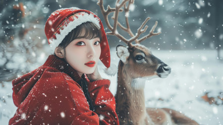 Asian woman in Santa Claus attire with a reindeer in a snowy forest. Concept of Christmas, winter, festive season, holiday cheer.の写真素材