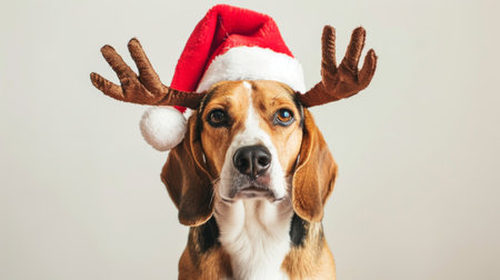 Cute beagle dog wearing a Santa hat and reindeer antlers. Concept of Christmas, holidays, festive pets, celebration.の写真素材