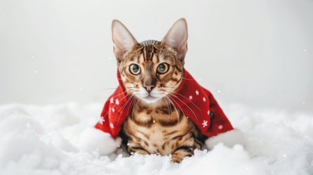 Brown Bengal cat wearing a red and white Santa outfit sitting in the snow. Concept of holiday pet, festive costume, domestic animal, Christmas celebration.の写真素材