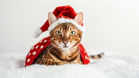 Bengal cat wearing a Christmas Santa hat with a red and white festive costume. Concept of holiday pets, festive animals, Christmas cats, holiday dress-up.の写真素材