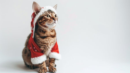 Bengal cat wearing a Christmas Santa hat with a red and white festive costume. Concept of holiday pets, festive animals, Christmas cats, holiday dress-up.の写真素材