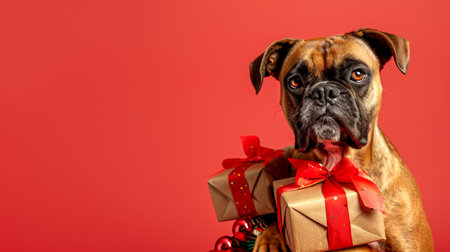 Brown boxer dog holding gift boxes with red ribbons on a red background. Concept of pet, holiday celebration, Christmas present, festive season. Copy space.の写真素材