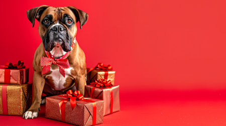 Brown Boxer Dog with Red Bow Tie and Gift Boxes. Concept of Canine, Christmas, Holiday Celebration, Pet Adornment. Copy space. Copy space.の写真素材