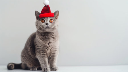 Gray British Shorthair Cat Wearing Santa Hat Sitting on White Background. Concept of Festive Pets, Christmas Celebration, Holiday Spirit. Copy space.の写真素材
