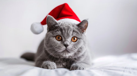 Gray British Shorthair Cat Wearing Santa Hat Sitting on White Background. Concept of Festive Pets, Christmas Celebration, Holiday Spirit.の写真素材
