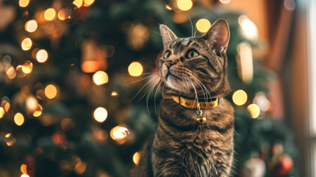 Tabby cat with a festive collar in front of a decorated Christmas tree. Concept of holiday pets, Christmas decor, festive feline, cozy celebrations. Copy space.の写真素材
