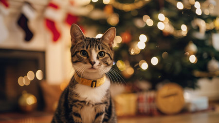 Tabby cat with a beaded collar gazing up in front of a sparkling Christmas tree. Concept of festive cat, holiday decorations, domestic feline, Christmas lights. Copy space.の写真素材