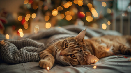 Tabby cat peacefully sleeping on a cozy blanket with a Christmas tree in the background. Concepts of domestic pet, feline relaxation, holiday decor, cozy home.の写真素材