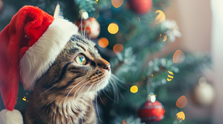 Tabby cat wearing a Santa hat, gazing at a Christmas tree. Concept of festive pet, holiday spirit, Christmas decorations, cozy winter, copy space.の写真素材