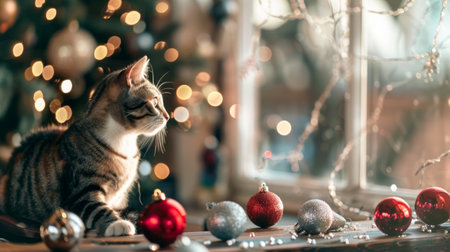 Tabby cat by a decorated Christmas tree with ornaments. Concept of holiday seasons, cozy home atmosphere, festive decorations, pet relaxation.の写真素材