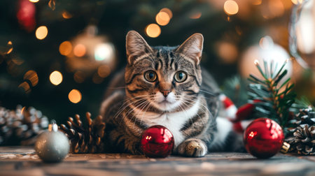 Cat with Christmas ornaments and pine cones in a festive setting. Concept of holiday pets, Christmas decoration, seasonal celebration.の写真素材