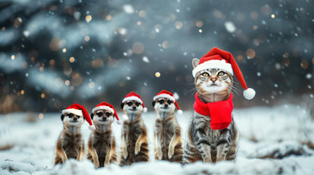 Cat wearing Santa hat with meerkats in snowy forest setting. Concept of Christmas animals, festive...