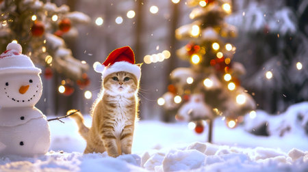 Ginger tabby cat wearing a Santa hat in a snowy winter wonderland with a snowman and decorated Christmas trees. Concept of festive pet, holiday season, wintertime, Christmas ambiance.の写真素材