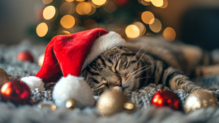 Sleepy tabby cat in santa hat surrounded by Christmas decorations. Concept of holiday pet, festive feline, cozy winter, merry season.の写真素材