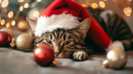 Sleepy tabby cat in santa hat surrounded by Christmas decorations. Concept of holiday pet, festive feline, cozy winter, merry season.の写真素材