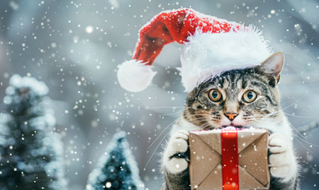Christmas tabby cat wearing Santa hat and holding gift box in snowy landscape. Concept of holiday, festive pets, winter celebration, seasonal joy.の写真素材
