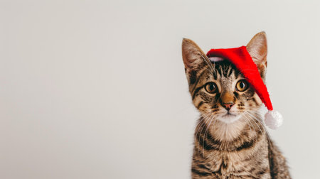 Brown tabby cat wearing a red Santa hat. Concept of festive pets, Christmas celebration, holiday, cat in costume.. Copy space.の写真素材
