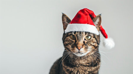 Brown tabby cat wearing a red Santa hat. Concept of festive pets, Christmas celebration, holiday, cat in costume.. Copy space.の写真素材