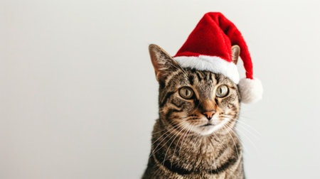 Brown tabby cat wearing a red Santa hat. Concept of festive pets, Christmas celebration, holiday, cat in costume.. Copy space.の写真素材