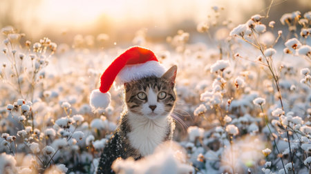 Adorable tabby kitten wearing a Santa hat in a snowy winter garden. Concept of Christmas, holiday season, pets, festive decoration.の写真素材