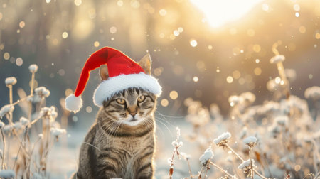 Adorable tabby kitten wearing a Santa hat in a snowy winter garden. Concept of Christmas, holiday season, pets, festive decoration.の写真素材