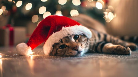 Tabby cat wearing a red Santa hat lying on the floor in front of a decorated Christmas tree. Concept of festive pet, holiday season, Christmas, cozy home.の写真素材
