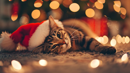 Tabby cat wearing a red Santa hat lying on the floor in front of a decorated Christmas tree. Concept of festive pet, holiday season, Christmas, cozy home.の写真素材