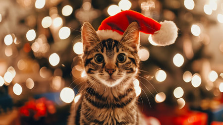 Cute tabby kitten with a Christmas hat in front of holiday lights. Concept of festive pet, holiday season, cute animals, Christmas decorations.の写真素材