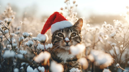 Tabby cat wearing a Santa hat in a snowy field of cotton plants, Christmas cat, holiday theme, winter season.の写真素材