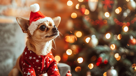 Cute Chihuahua Dog Wearing Santa Hat and Red Sweater with Christmas Tree Lights Background. Concept of Holiday Pet, Festive Season, Winter Celebration, Canine Apparel. Copy space.の写真素材