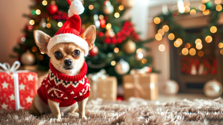 Cute Chihuahua Dog Wearing Santa Hat and Red Sweater with Christmas Tree Lights Background. Concept of Holiday Pet, Festive Season, Winter Celebration, Canine Apparel. Copy space.の写真素材