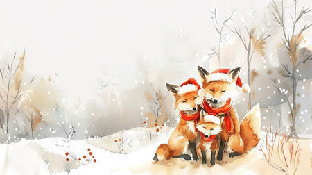 Watercolor painting of three foxes with Santa hats in a snowy forest. Concept of festive animals, winter wonderland, holiday season, Christmas scene. Copy space.の写真素材