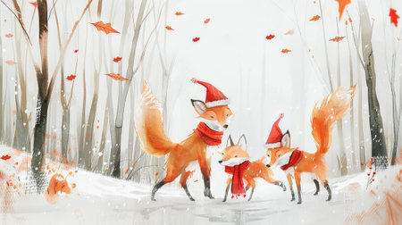 Watercolor painting of three foxes with Santa hats in a snowy forest. Concept of festive animals, winter wonderland, holiday season, Christmas scene. Copy space.の写真素材
