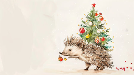 Watercolor illustration of a hedgehog holding Christmas ornaments beside a decorated tree. Concept of holiday season, Christmas decorations, woodland animals, festive celebration. Copy space.の写真素材
