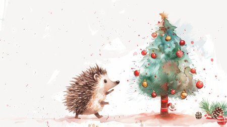 Watercolor painting of a hedgehog touching a small decorated Christmas tree. Concept of holiday art, festive season, cute animals.の写真素材