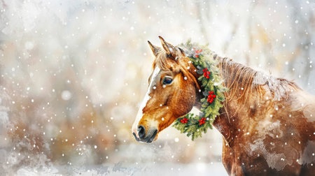 Chestnut horse adorned with a festive wreath in a snowy winter landscape. Concept of holiday season, animal beauty, equestrian, nature scene. Copy space.の写真素材