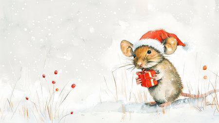 Watercolor painting of a cute mouse wearing a Santa hat and holding a gift box. Concept of Christmas, holiday celebration, festive animal illustration. Copy space.の写真素材