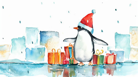 Watercolor illustration of penguin with Santa hat and gifts on icy surface. Concept of Christmas penguin, holiday festivities, winter celebration.の写真素材