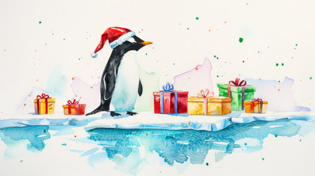 Watercolor illustration of penguin with Santa hat and gifts on icy surface. Concept of Christmas penguin, holiday festivities, winter celebration.の写真素材