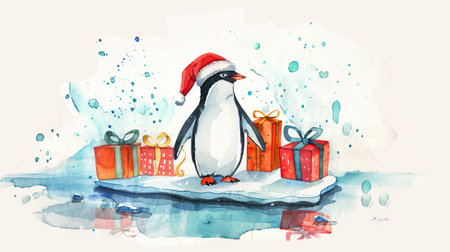Watercolor illustration of penguin with Santa hat and gifts on icy surface. Concept of Christmas penguin, holiday festivities, winter celebration.の写真素材