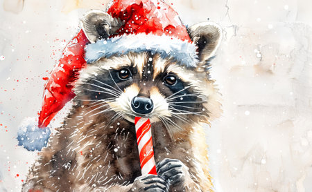 Watercolor raccoon wearing Santa hat holding a candy cane. Concept of festive animal, Christmas illustration, holiday celebration, seasonal art. Copy space.の写真素材