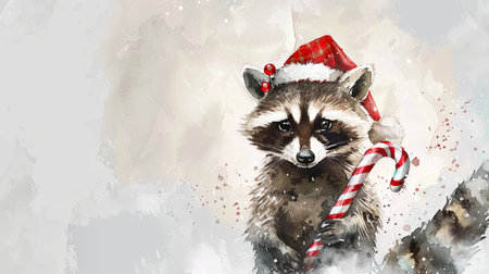 Watercolor raccoon wearing Santa hat holding a candy cane. Concept of festive animal, Christmas illustration, holiday celebration, seasonal art. Copy space.の写真素材