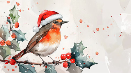 Watercolor robin bird wearing a Santa hat sitting on a holly branch with berries. Concept of Christmas, holiday decoration, festive season, winter nature.の写真素材