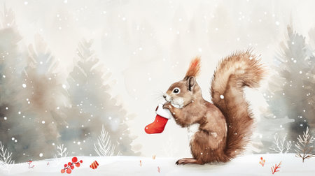 Watercolor painting of squirrel holding red stocking in snowy forest. Concept of woodland animal, winter scene, Christmas, holiday spirit. Copy space.の写真素材