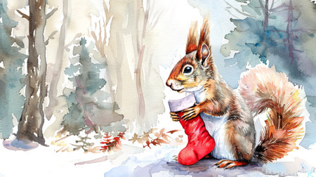 Watercolor painting of squirrel holding red stocking in snowy forest. Concept of woodland animal, winter scene, Christmas, holiday spirit. Copy space.の写真素材
