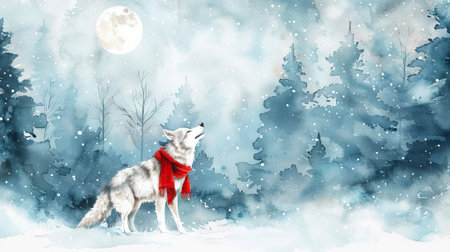Watercolor painting of a wolf with a red scarf in a snowy forest at night. Concepts of wildlife, winter season, nature art, animal illustration. Copy space.の写真素材